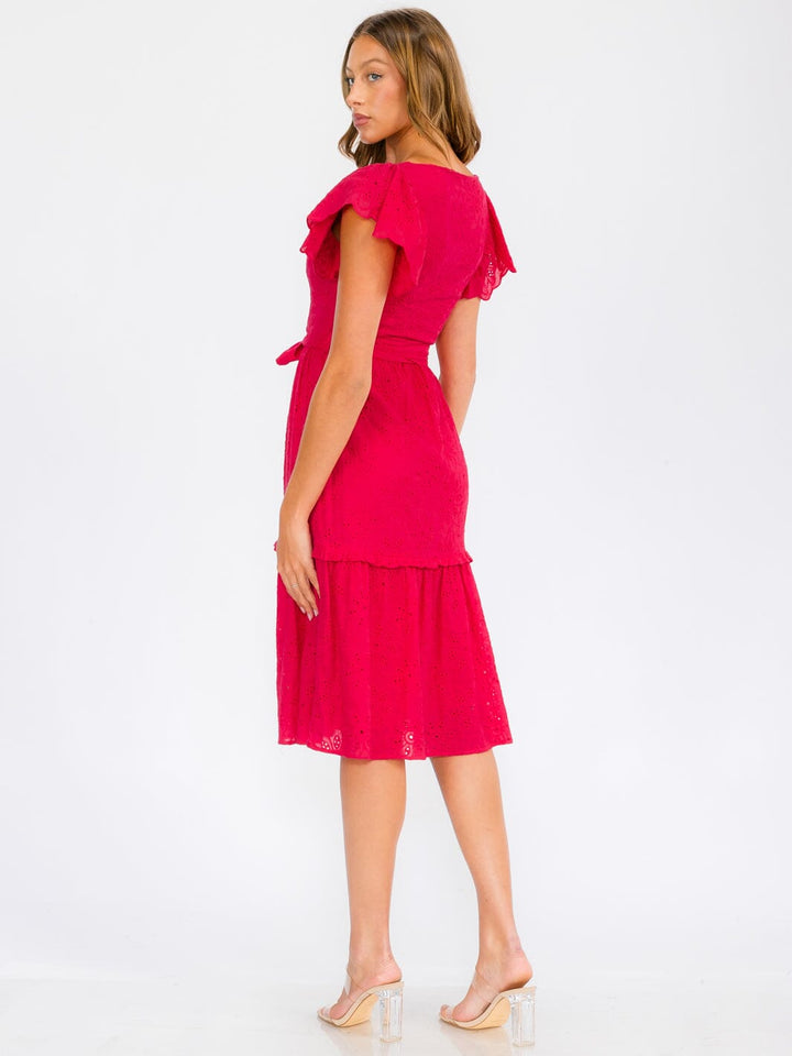 WOMEN'S SHORT RUFFLE SLEEVE SELF TIE EYELET DETAILED MIDI DRESS