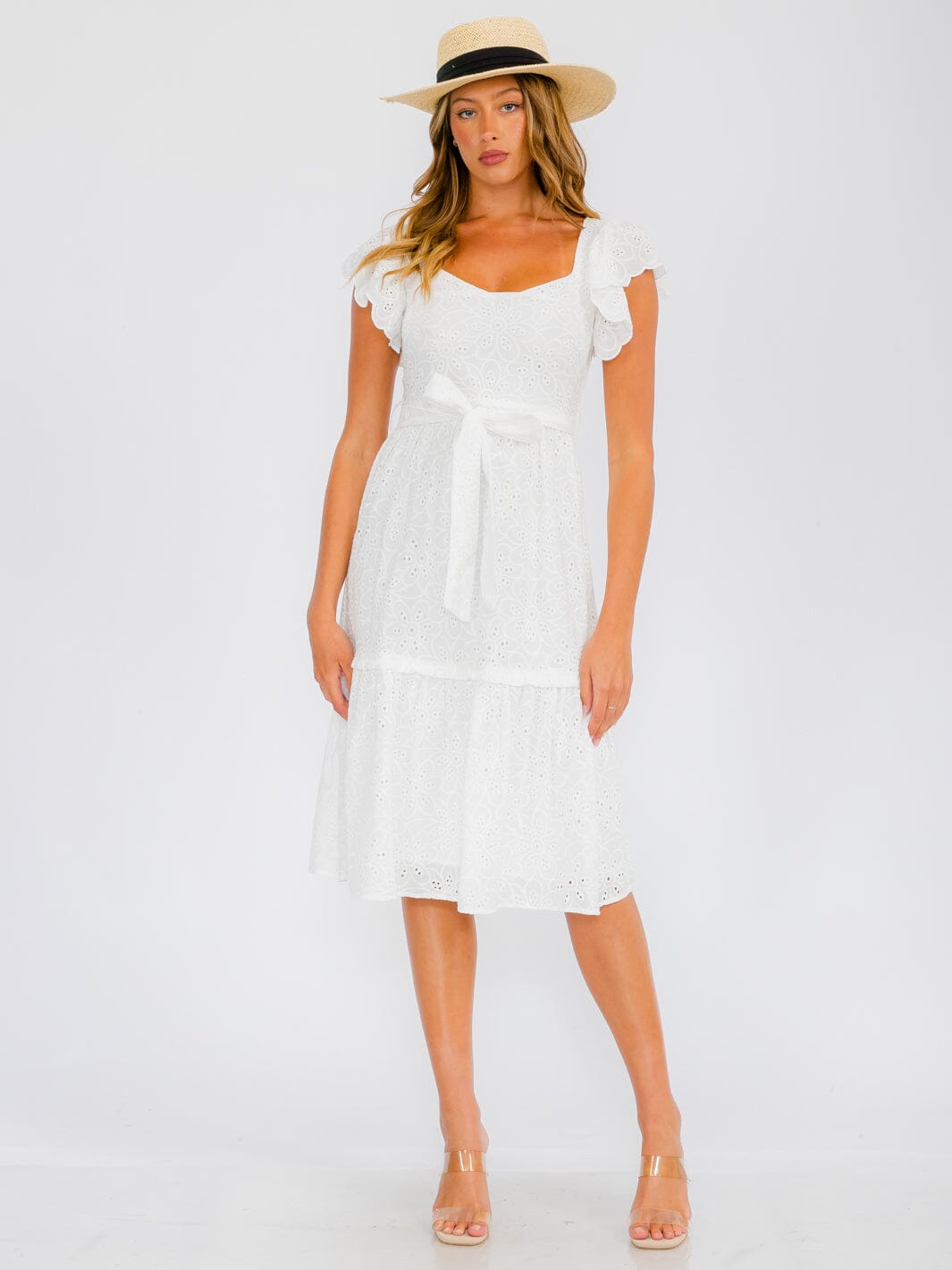 WOMEN'S SHORT RUFFLE SLEEVE SELF TIE EYELET DETAILED MIDI DRESS