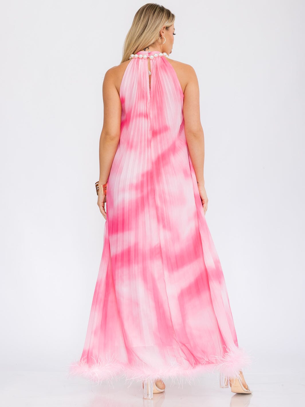 WOMEN'S SLEEVELESS PEARL HALTER NECK TIE DYE MAXI DRESS
