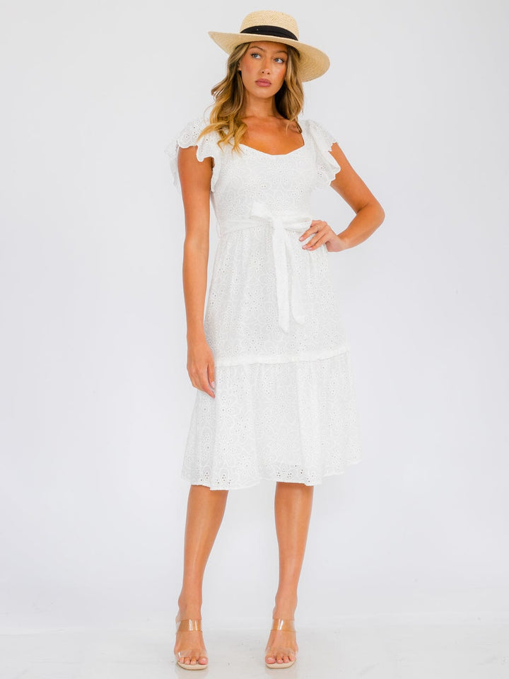 WOMEN'S SHORT RUFFLE SLEEVE SELF TIE EYELET DETAILED MIDI DRESS