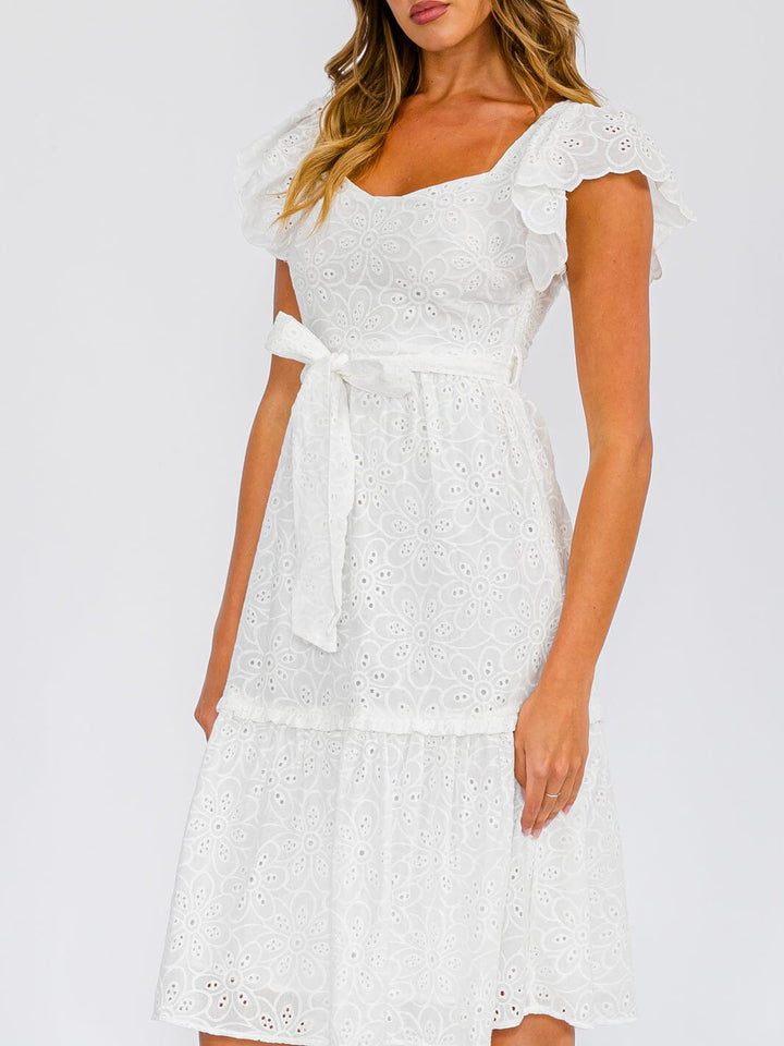 WOMEN'S SHORT RUFFLE SLEEVE SELF TIE EYELET DETAILED MIDI DRESS