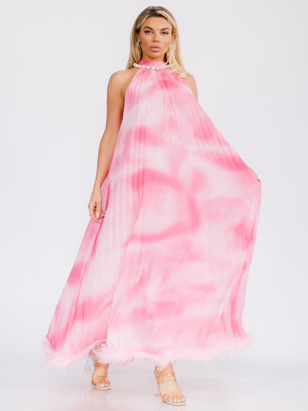 WOMEN'S SLEEVELESS PEARL HALTER NECK TIE DYE MAXI DRESS