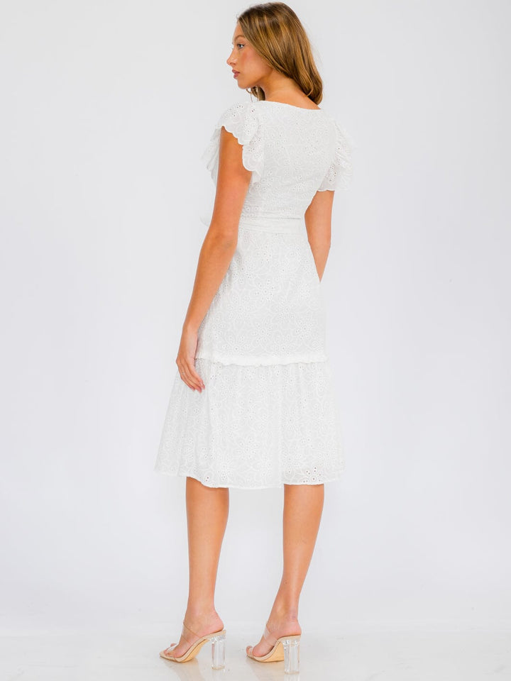 WOMEN'S SHORT RUFFLE SLEEVE SELF TIE EYELET DETAILED MIDI DRESS
