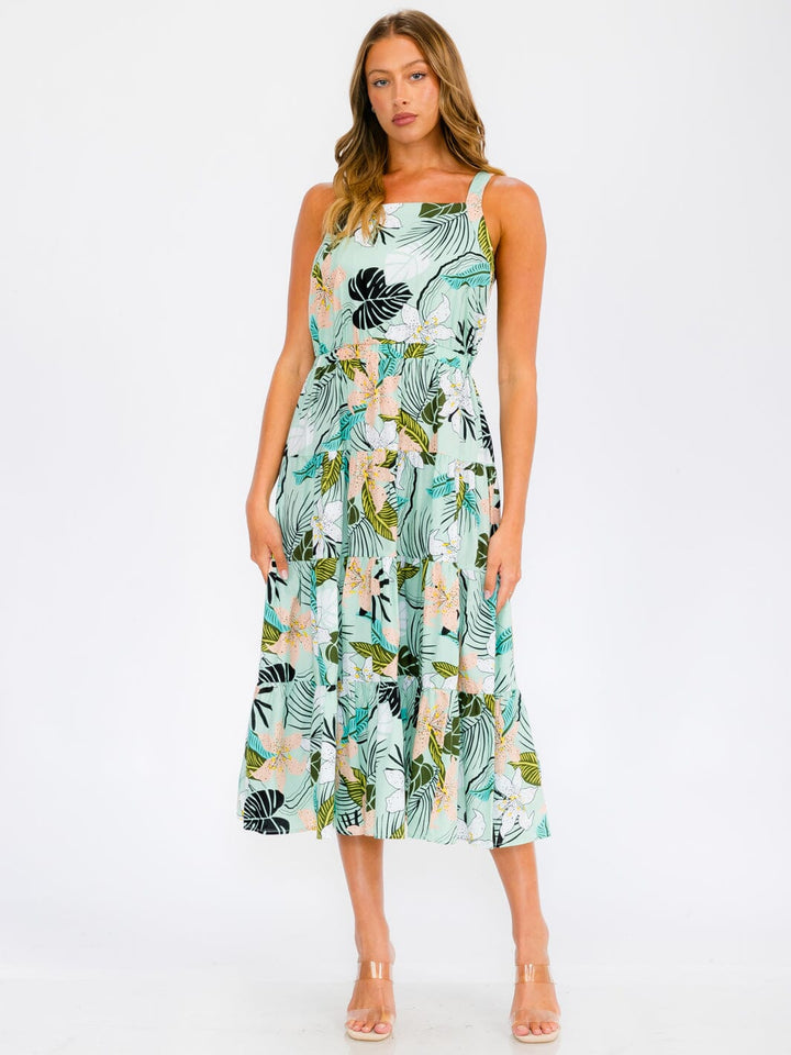 WOMEN'S SLEEVELESS OPEN BACK ELASTIC WAIST FLORAL MAXI DRESS