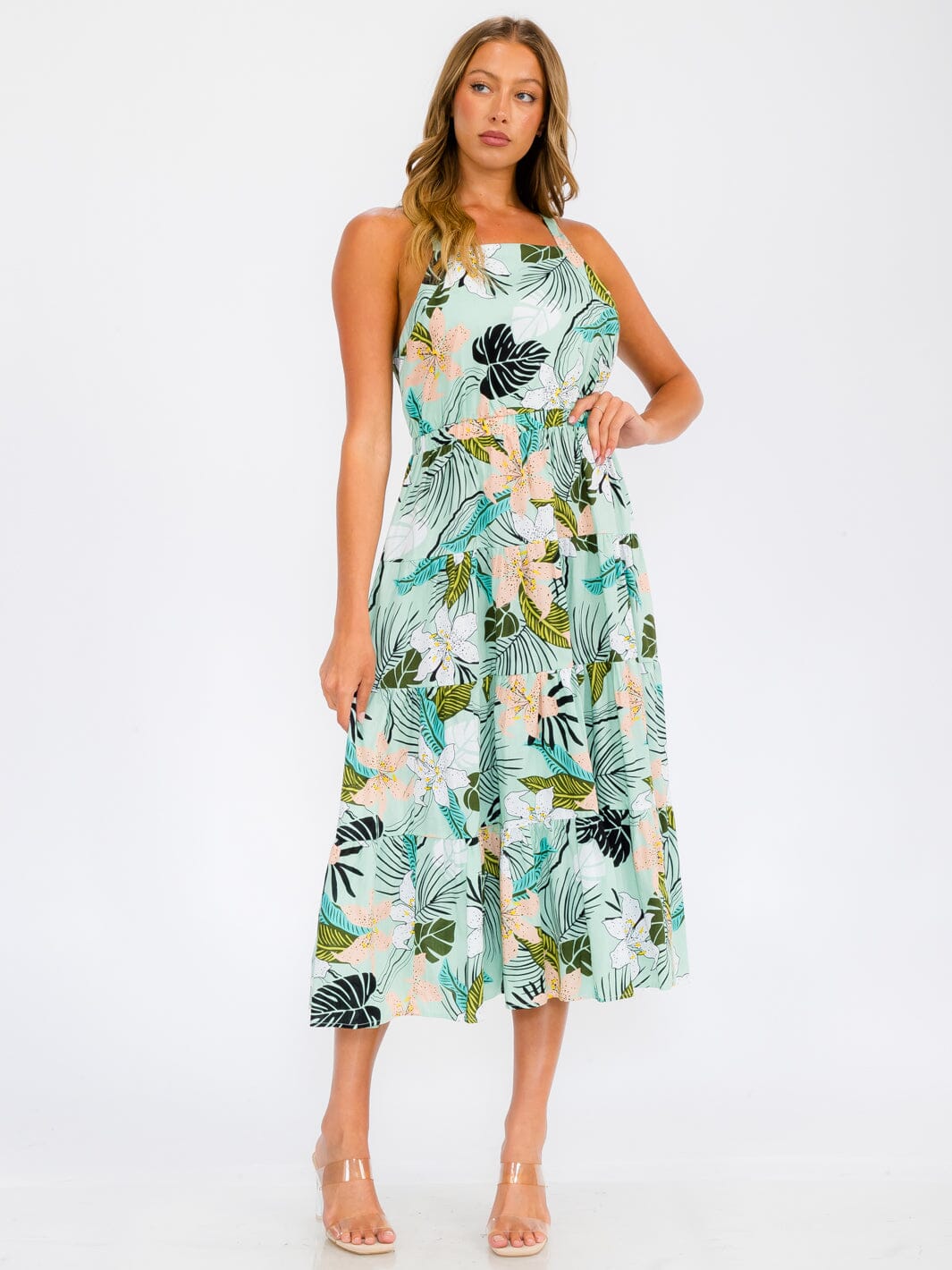 WOMEN'S SLEEVELESS OPEN BACK ELASTIC WAIST FLORAL MAXI DRESS