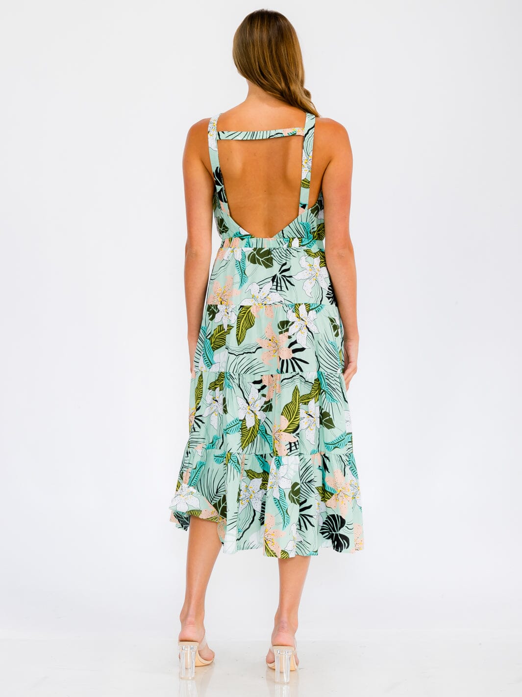 WOMEN'S SLEEVELESS OPEN BACK ELASTIC WAIST FLORAL MAXI DRESS