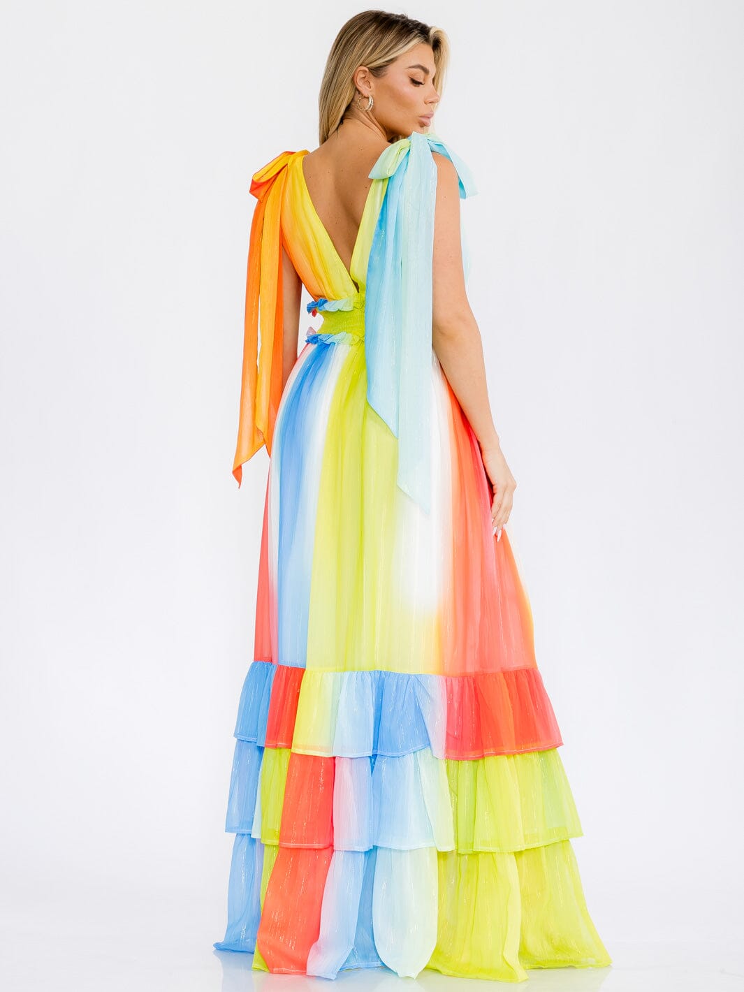 WOMEN'S SLEEVELESS V-NECK RUFFLE TIERED COLORBLOCK MAXI DRESS