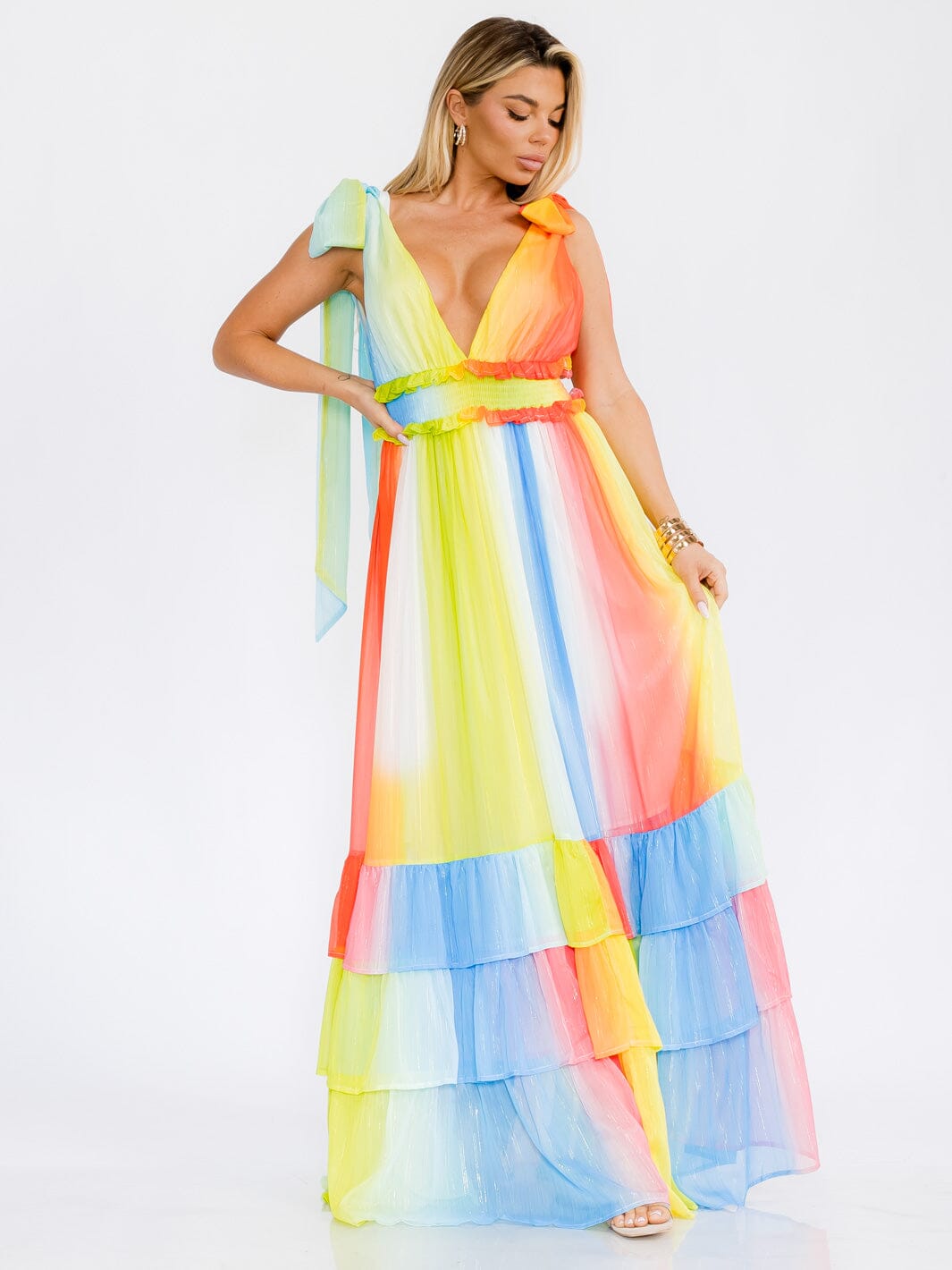 WOMEN'S SLEEVELESS V-NECK RUFFLE TIERED COLORBLOCK MAXI DRESS