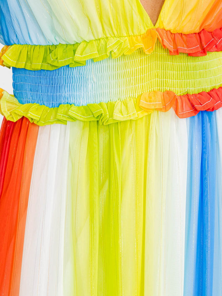 WOMEN'S SLEEVELESS V-NECK RUFFLE TIERED COLORBLOCK MAXI DRESS