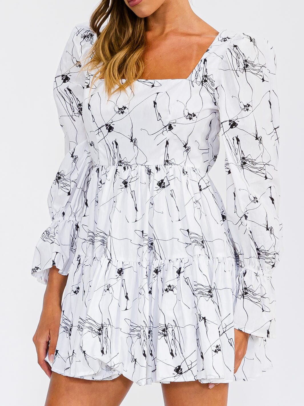 WOMEN'S LONG PUFF SLEEVE SQUARE NECK PRINTED MINI DRESS
