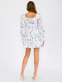 WOMEN'S LONG PUFF SLEEVE SQUARE NECK PRINTED MINI DRESS