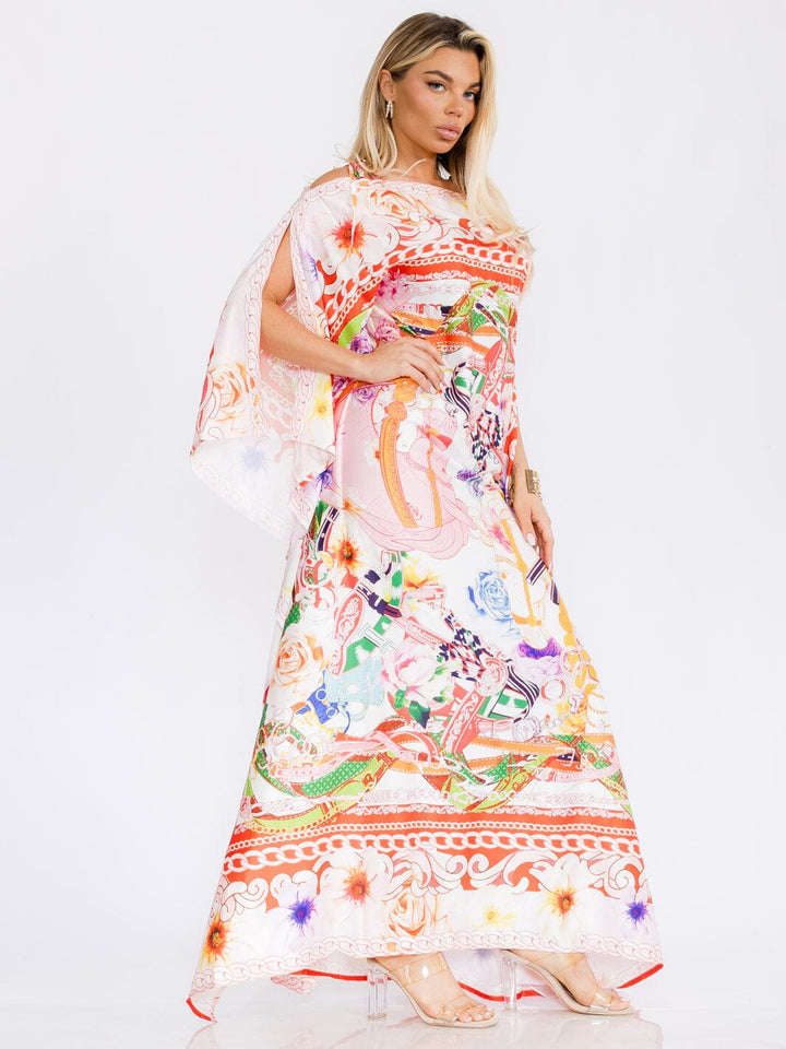 WOMEN'S OFF SHOULDER TUNIC MULTI PRINT MAXI DRESS