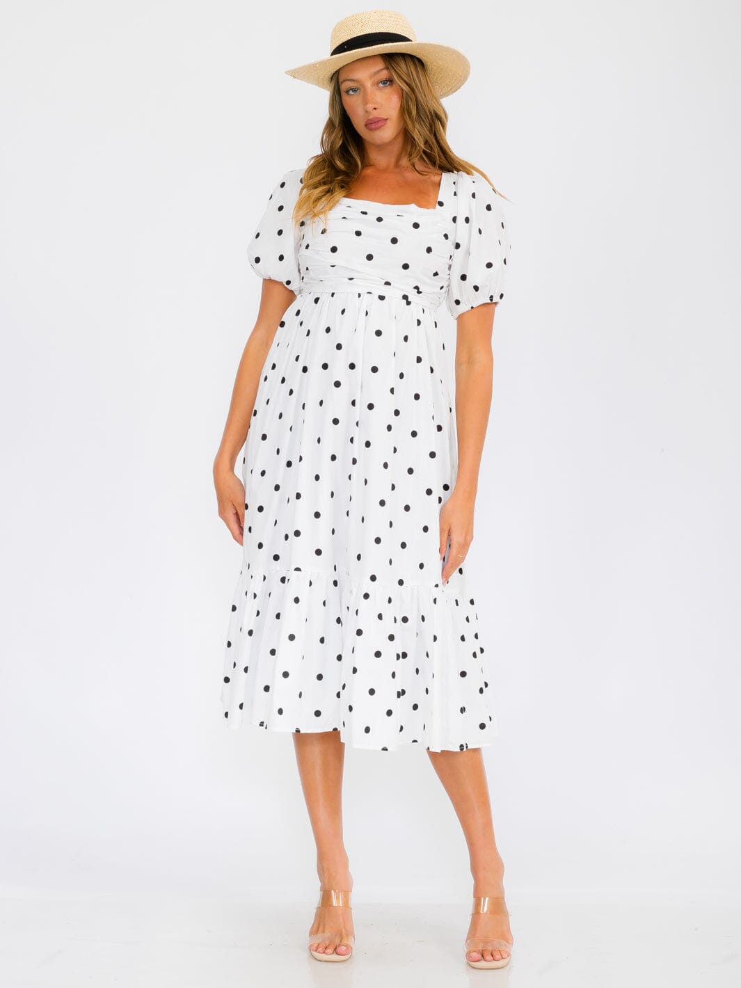 WOMEN'S SHORT PUFF SLEEVE SQUARE NECK POLKA DOTS MIDI DRESS