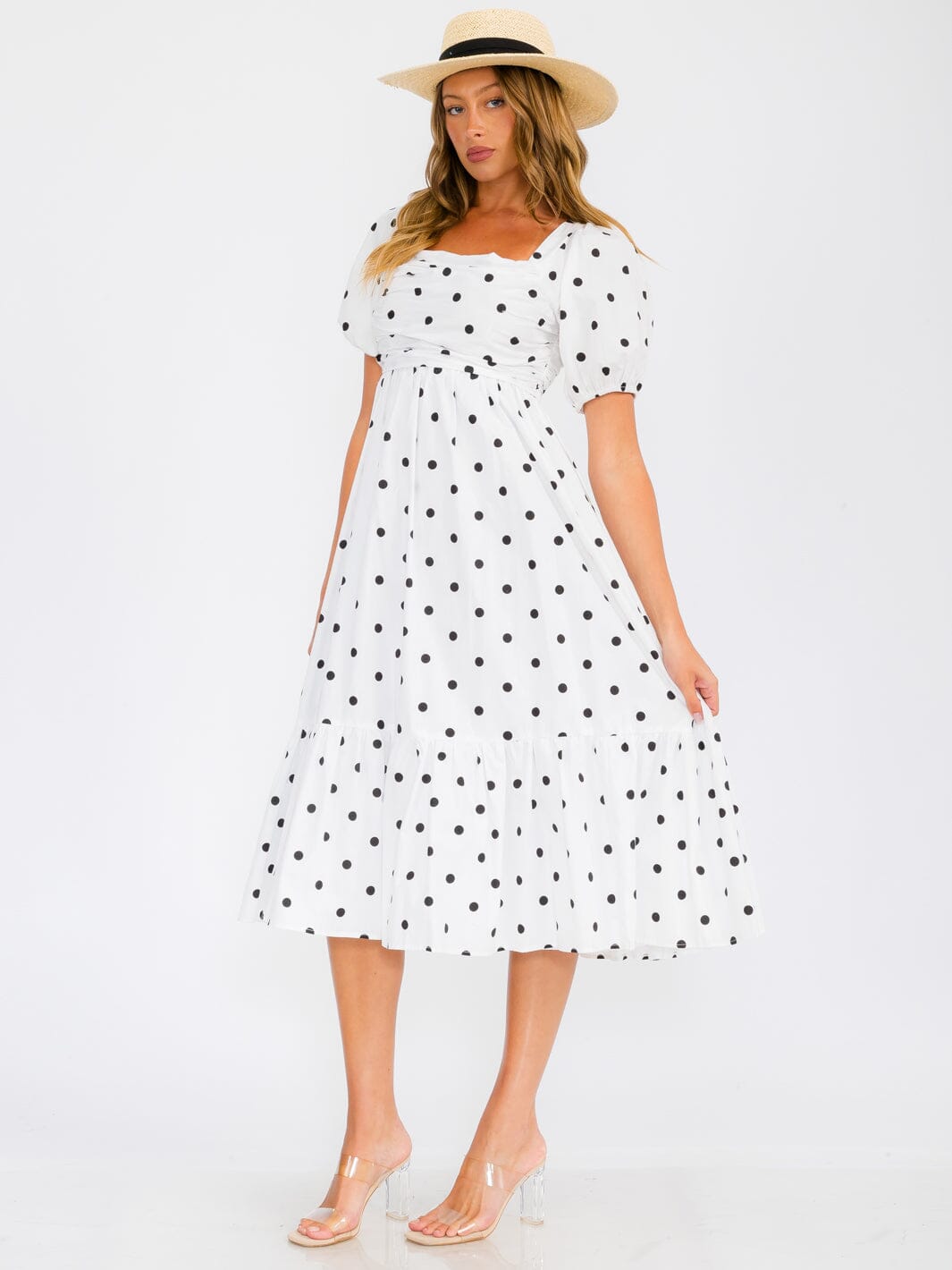 WOMEN'S SHORT PUFF SLEEVE SQUARE NECK POLKA DOTS MIDI DRESS