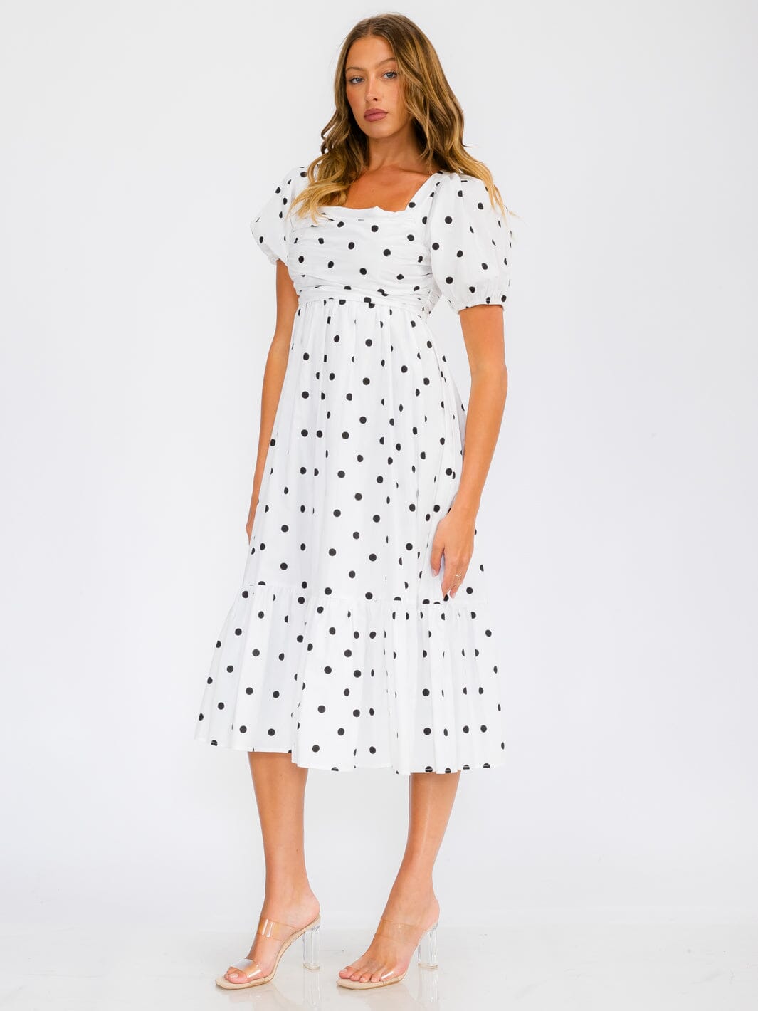 WOMEN'S SHORT PUFF SLEEVE SQUARE NECK POLKA DOTS MIDI DRESS