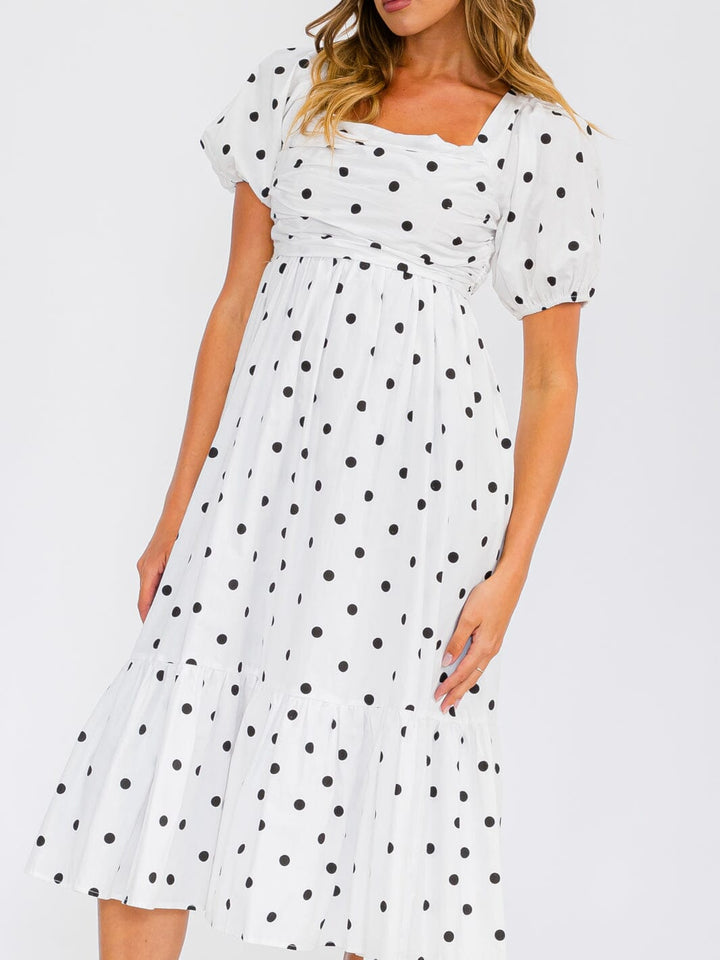 WOMEN'S SHORT PUFF SLEEVE SQUARE NECK POLKA DOTS MIDI DRESS