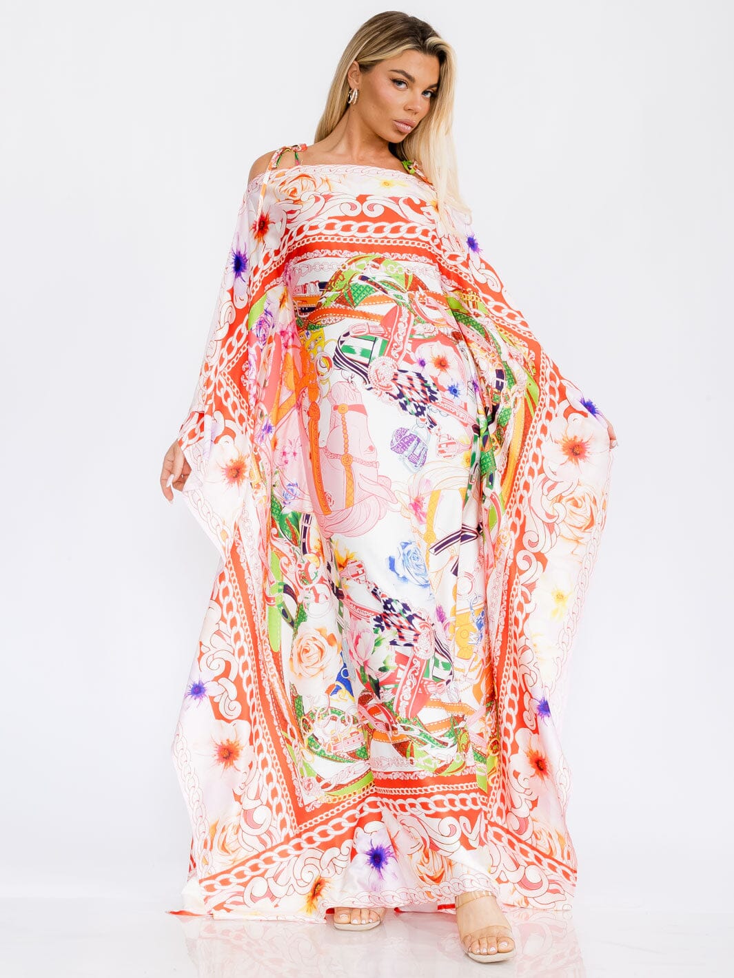 WOMEN'S OFF SHOULDER TUNIC MULTI PRINT MAXI DRESS