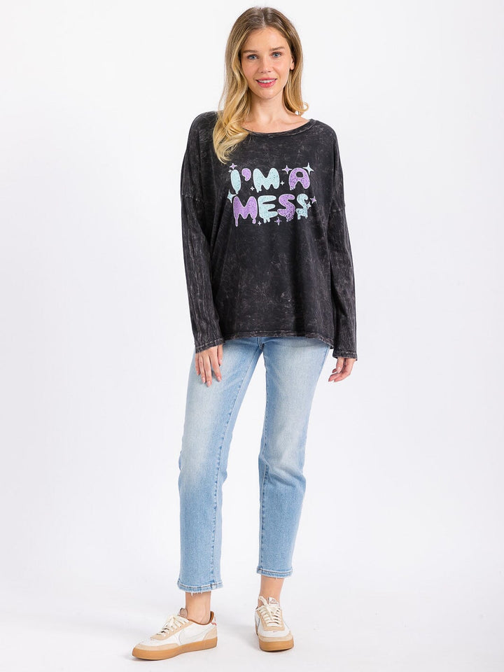 WOMEN'S LONG SLEEVE GRAPHIC WASHED TOP
