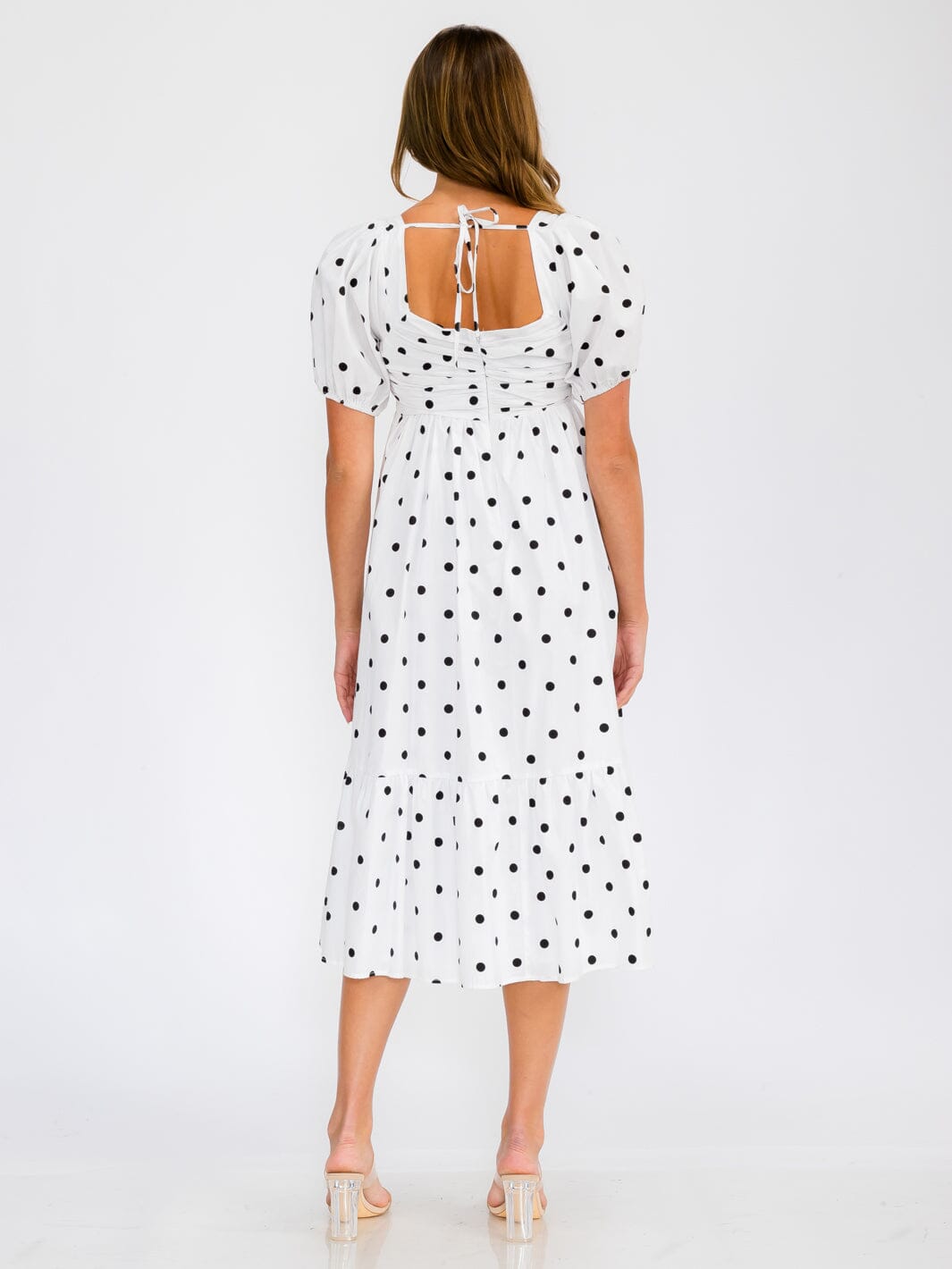 WOMEN'S SHORT PUFF SLEEVE SQUARE NECK POLKA DOTS MIDI DRESS