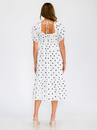 WOMEN'S SHORT PUFF SLEEVE SQUARE NECK POLKA DOTS MIDI DRESS