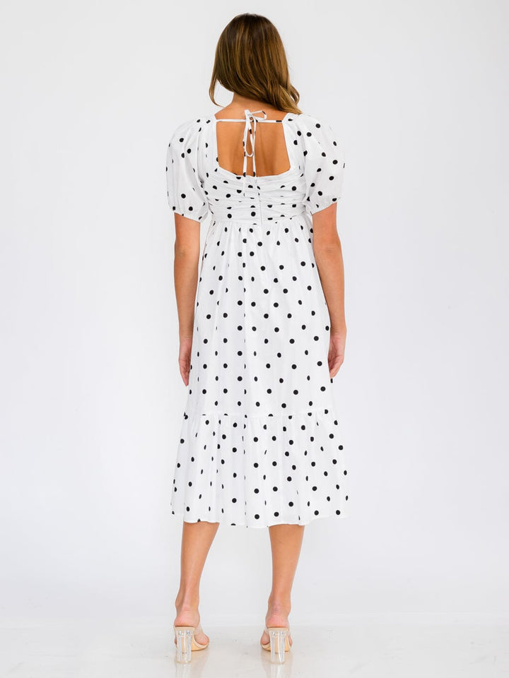 WOMEN'S SHORT PUFF SLEEVE SQUARE NECK POLKA DOTS MIDI DRESS