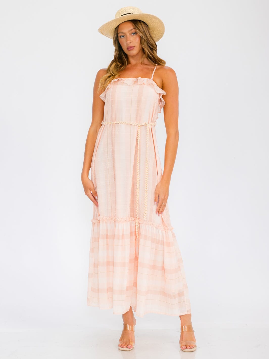 WOMEN'S SLEEVELESS OPEN BACK RUFFLE TIERED STRIPES MAXI DRESS
