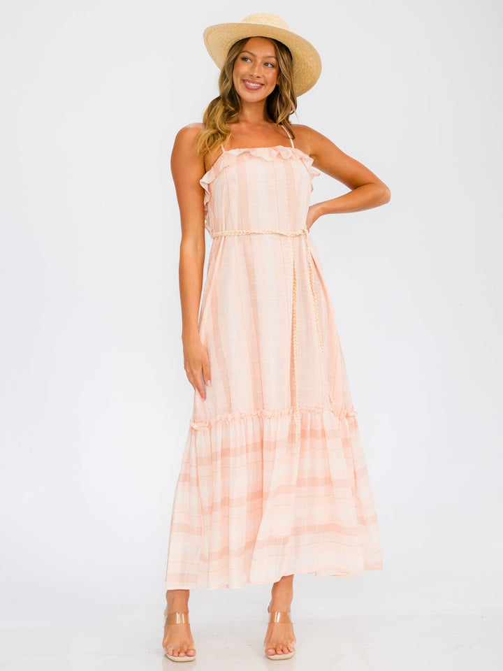 WOMEN'S SLEEVELESS OPEN BACK RUFFLE TIERED STRIPES MAXI DRESS