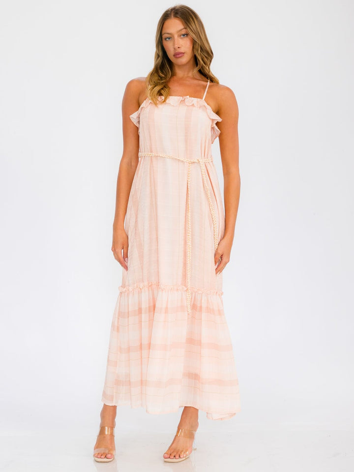 WOMEN'S SLEEVELESS OPEN BACK RUFFLE TIERED STRIPES MAXI DRESS