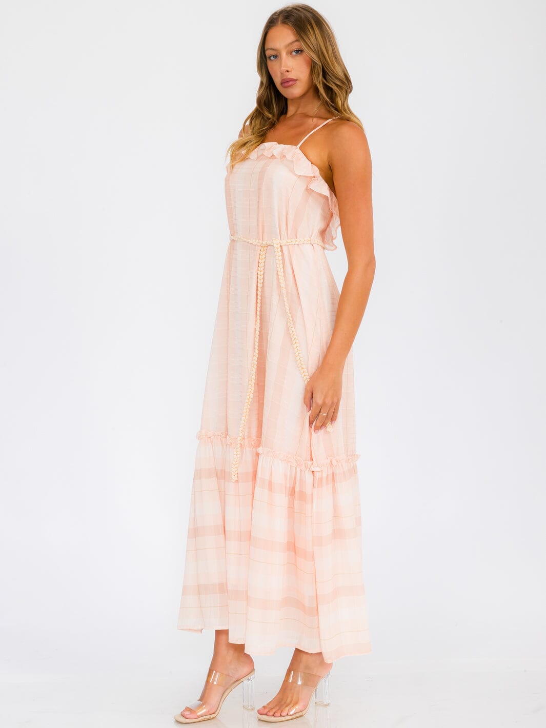 WOMEN'S SLEEVELESS OPEN BACK RUFFLE TIERED STRIPES MAXI DRESS