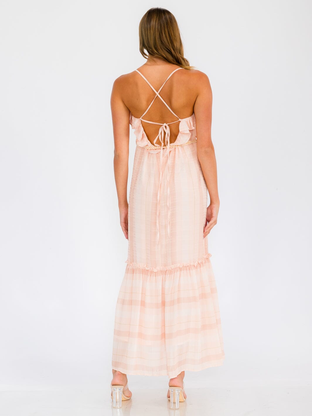 WOMEN'S SLEEVELESS OPEN BACK RUFFLE TIERED STRIPES MAXI DRESS