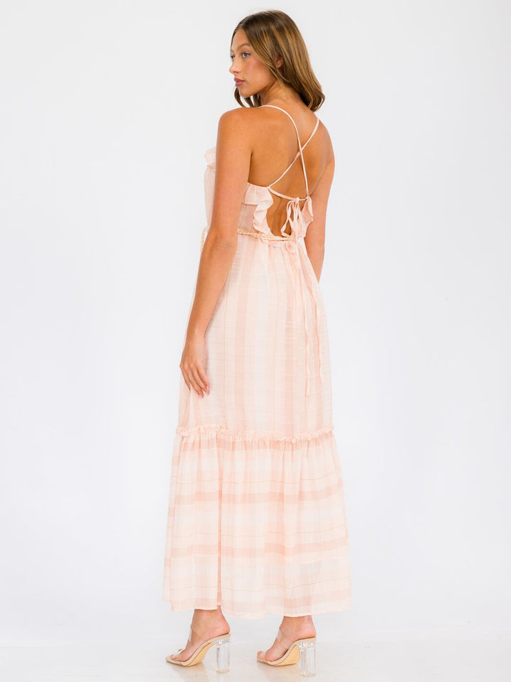 WOMEN'S SLEEVELESS OPEN BACK RUFFLE TIERED STRIPES MAXI DRESS