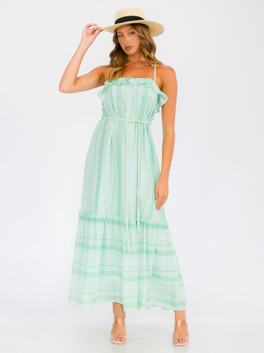 WOMEN'S SLEEVELESS OPEN BACK RUFFLE TIERED STRIPES MAXI DRESS