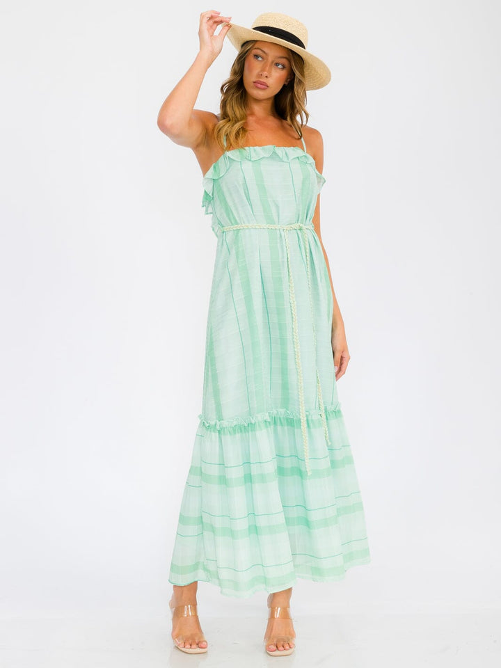 WOMEN'S SLEEVELESS OPEN BACK RUFFLE TIERED STRIPES MAXI DRESS