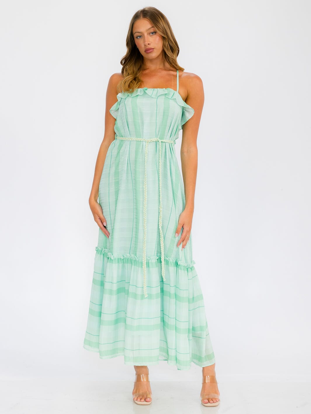 WOMEN'S SLEEVELESS OPEN BACK RUFFLE TIERED STRIPES MAXI DRESS