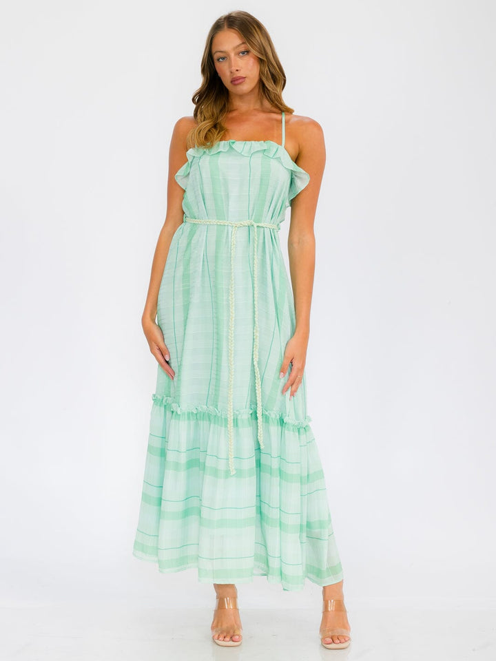 WOMEN'S SLEEVELESS OPEN BACK RUFFLE TIERED STRIPES MAXI DRESS
