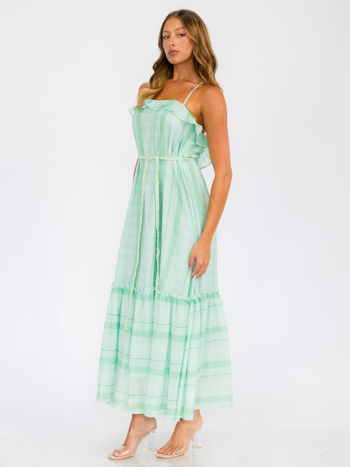 WOMEN'S SLEEVELESS OPEN BACK RUFFLE TIERED STRIPES MAXI DRESS