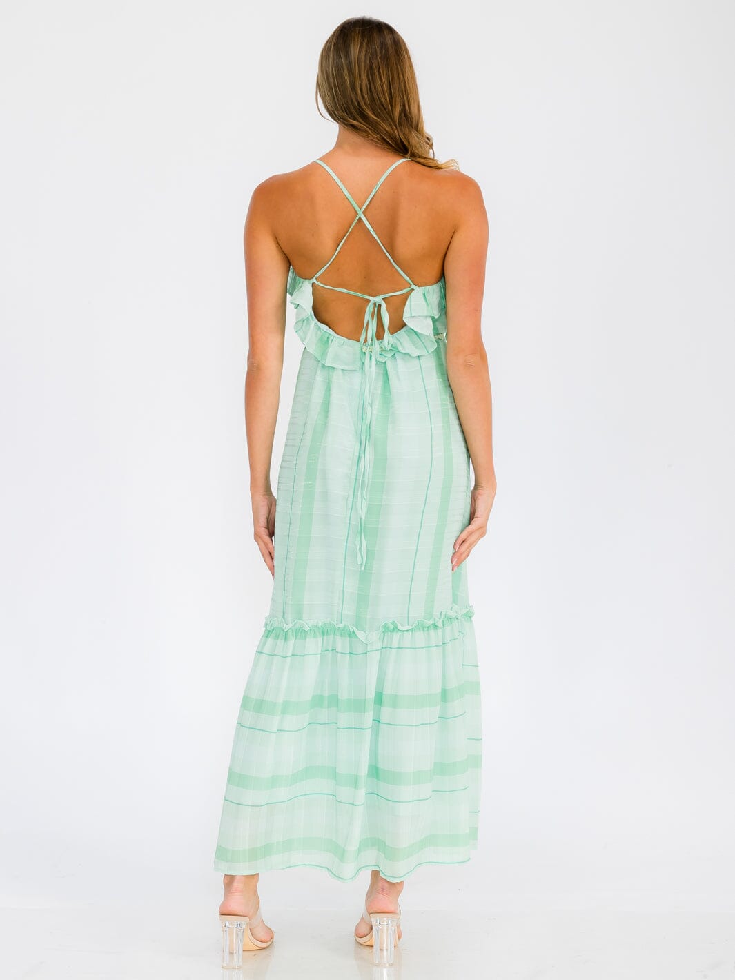WOMEN'S SLEEVELESS OPEN BACK RUFFLE TIERED STRIPES MAXI DRESS