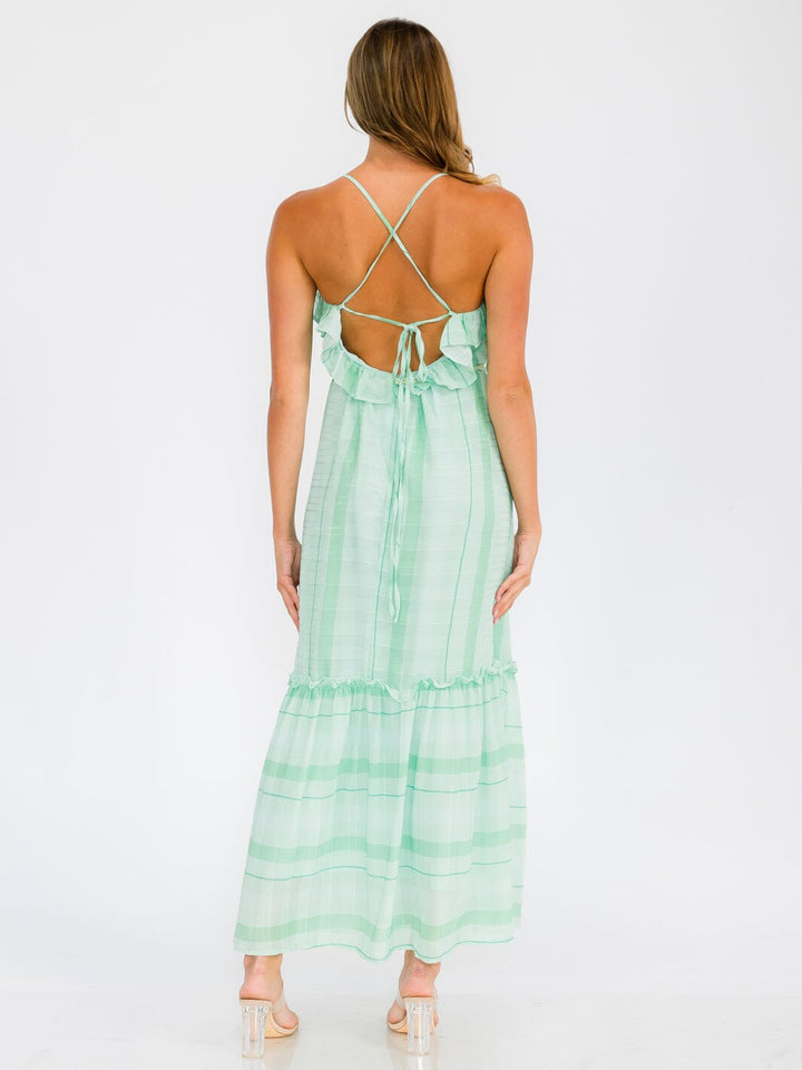 WOMEN'S SLEEVELESS OPEN BACK RUFFLE TIERED STRIPES MAXI DRESS