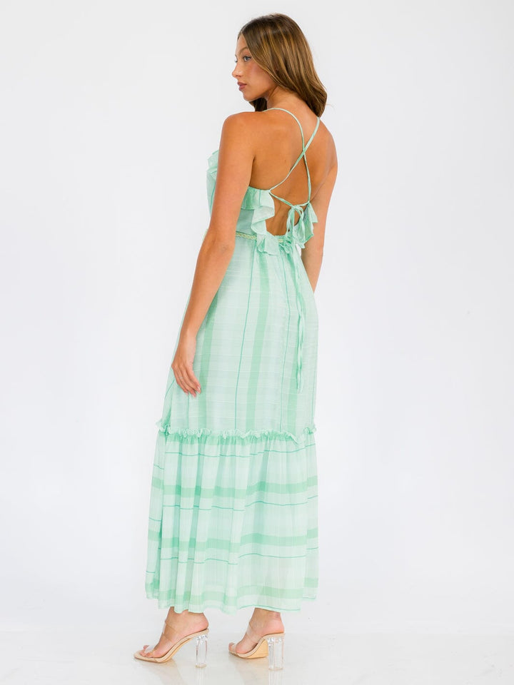 WOMEN'S SLEEVELESS OPEN BACK RUFFLE TIERED STRIPES MAXI DRESS