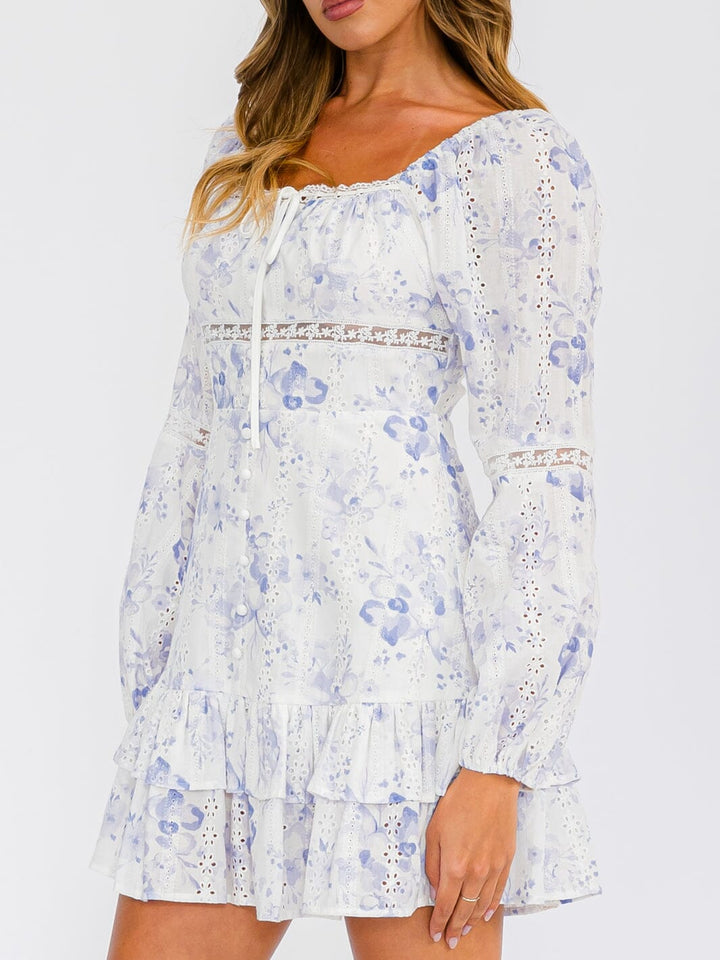 WOMEN'S LONG PUFF SLEEVE SQUARE NECK TIERED FLORAL MINI DRESS