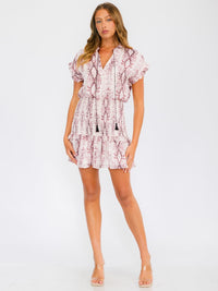 WOMEN'S SHORT SLEEVE V-NECK SMOCK ANIMAL PRINT MINI DRESS