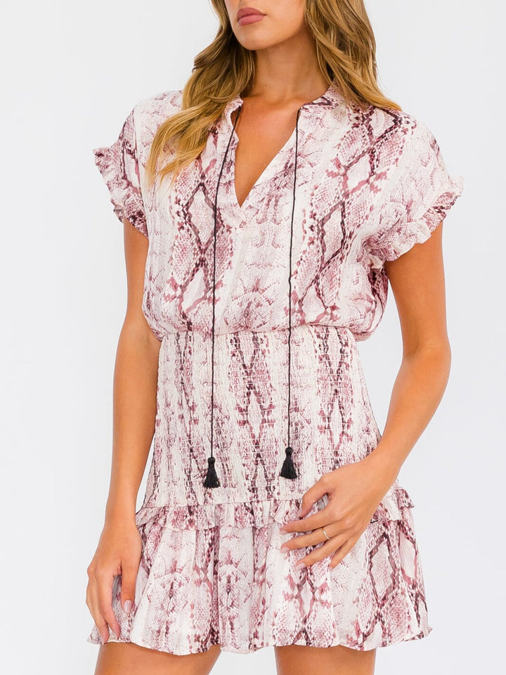 WOMEN'S SHORT SLEEVE V-NECK SMOCK ANIMAL PRINT MINI DRESS