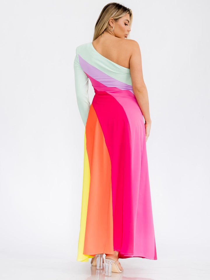 WOMEN'S ONE SHOULDER COLORBLOCK MAXI DRESS