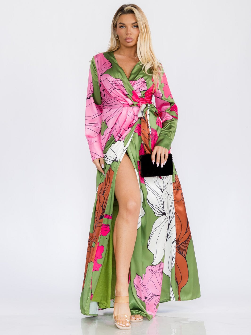 WOMEN'S LONG SLEEVE WRAP FLORAL PRINT MAXI DRESS