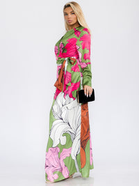 WOMEN'S LONG SLEEVE WRAP FLORAL PRINT MAXI DRESS
