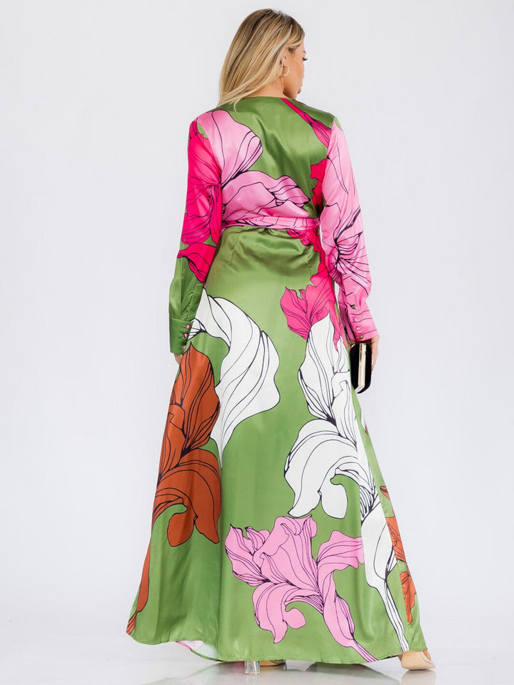 WOMEN'S LONG SLEEVE WRAP FLORAL PRINT MAXI DRESS