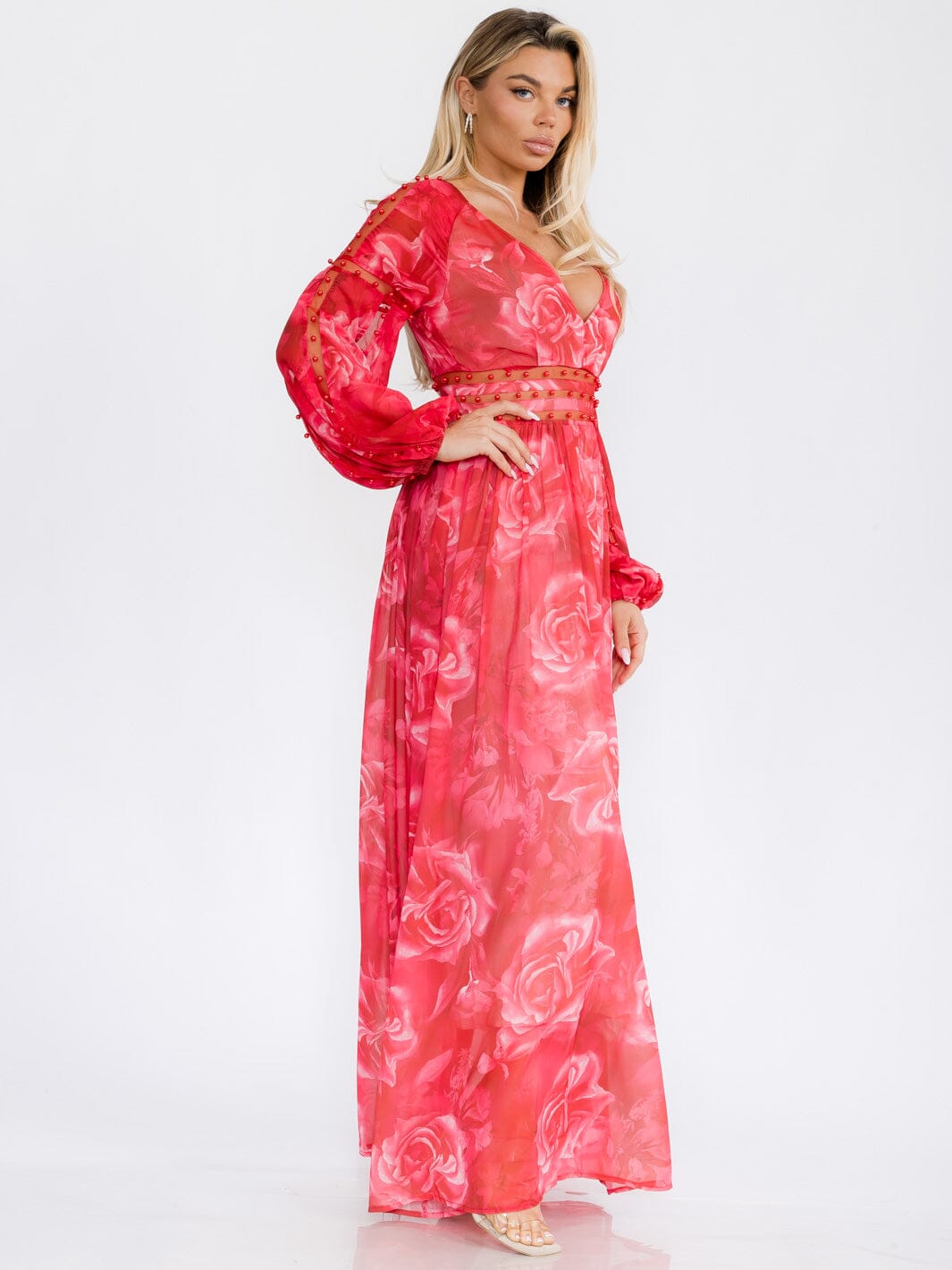 WOMEN'S LONG SLEEVE V-NECK MESH PEARL FLORAL PRINT MAXI DRESS