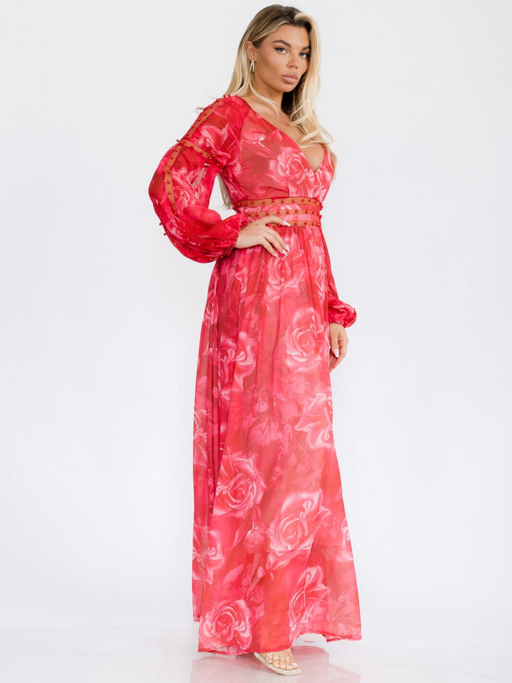 WOMEN'S LONG SLEEVE V-NECK MESH PEARL FLORAL PRINT MAXI DRESS