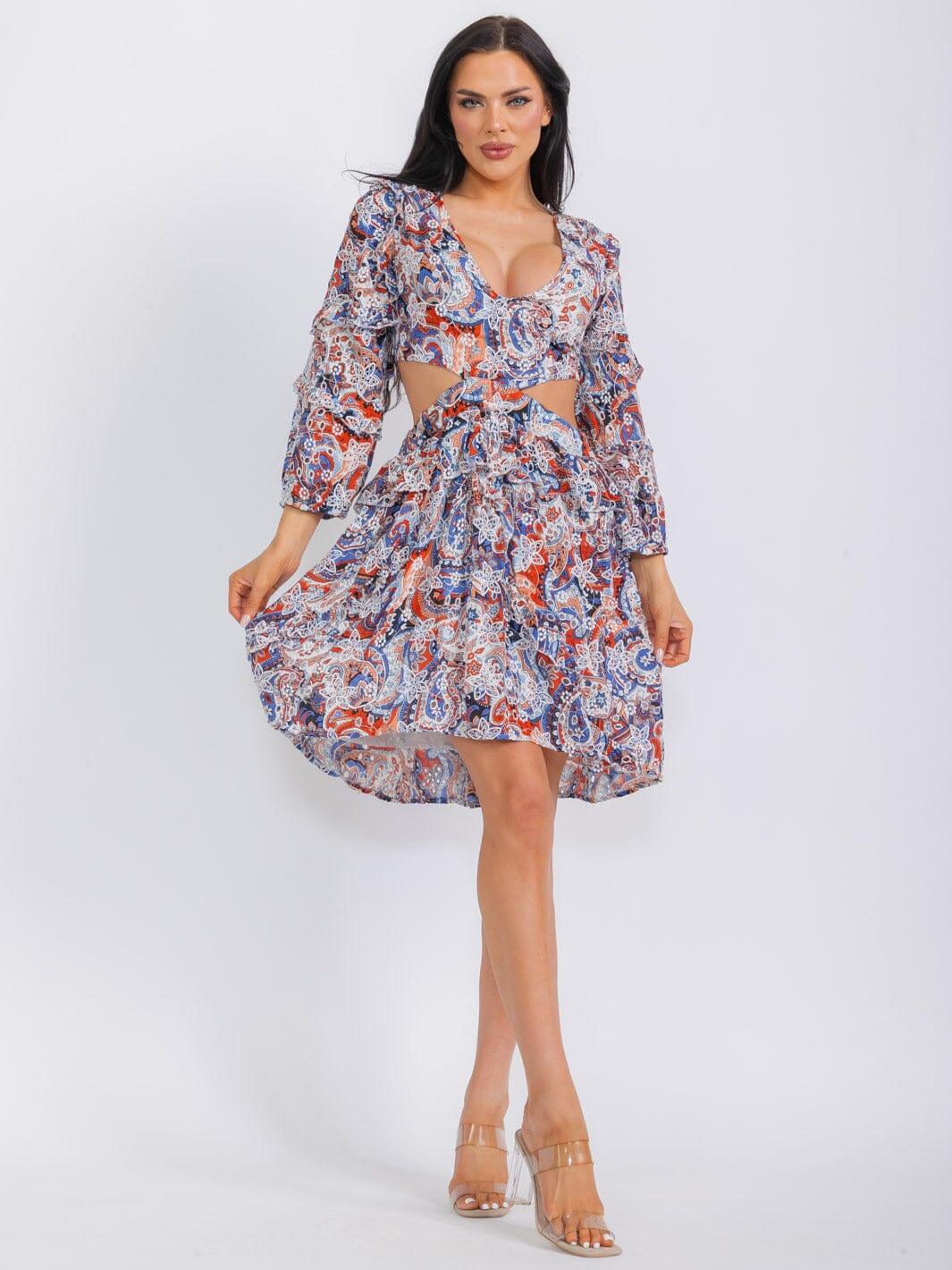 WOMEN'S LONG SLEEVE V-NECK OPEN BACK CUT OUT FLORAL MINI DRESS