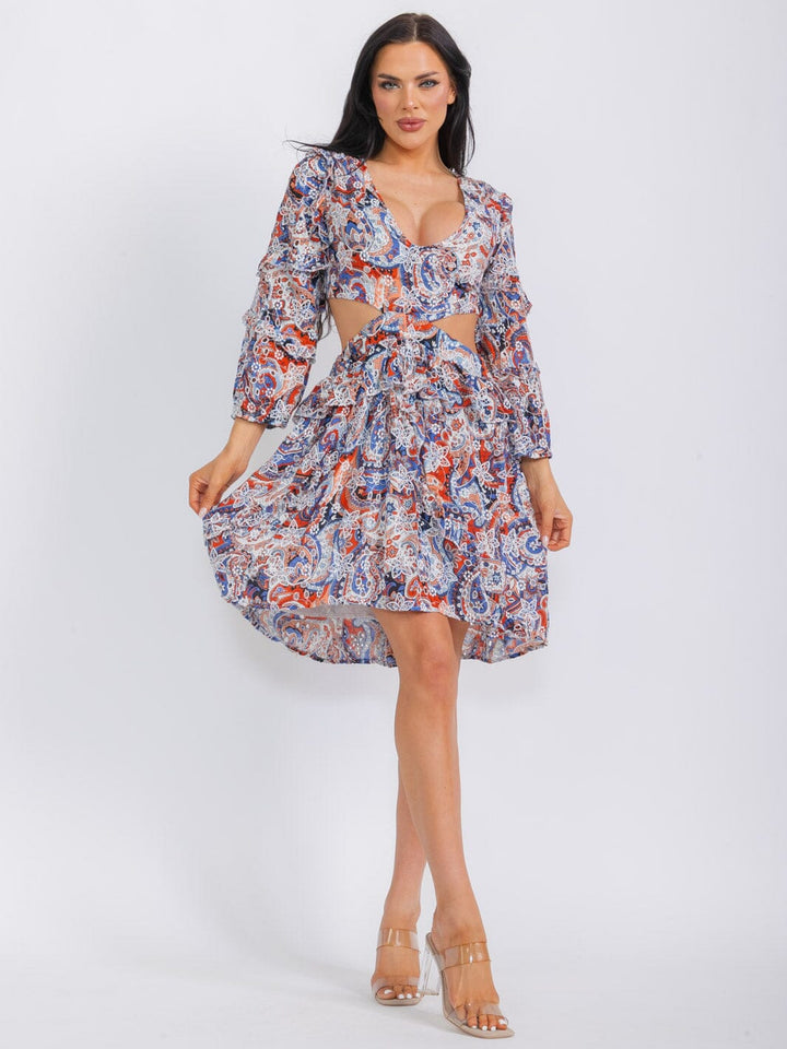 WOMEN'S LONG SLEEVE V-NECK OPEN BACK CUT OUT FLORAL MINI DRESS